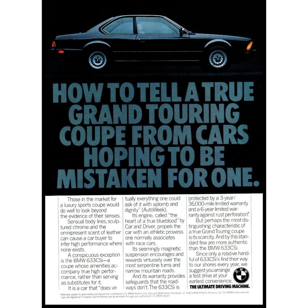 1983 BMW 633CSi Luxury Sports Coupe Vintage Print Ad Black Side View Wall Art